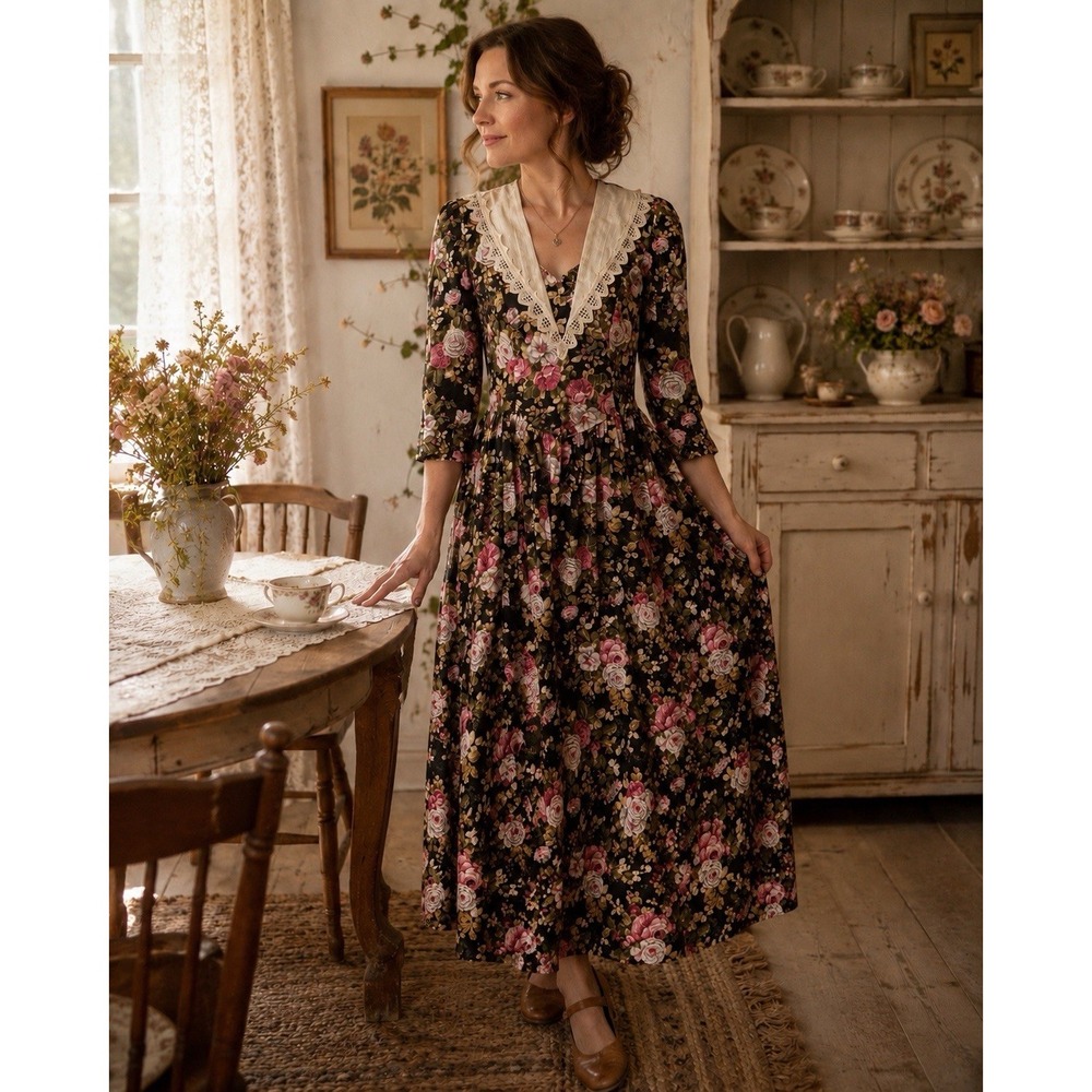 Vintage 80s Dark Cottagecore Black Floral Midi Dress Size Large Lace Prairie